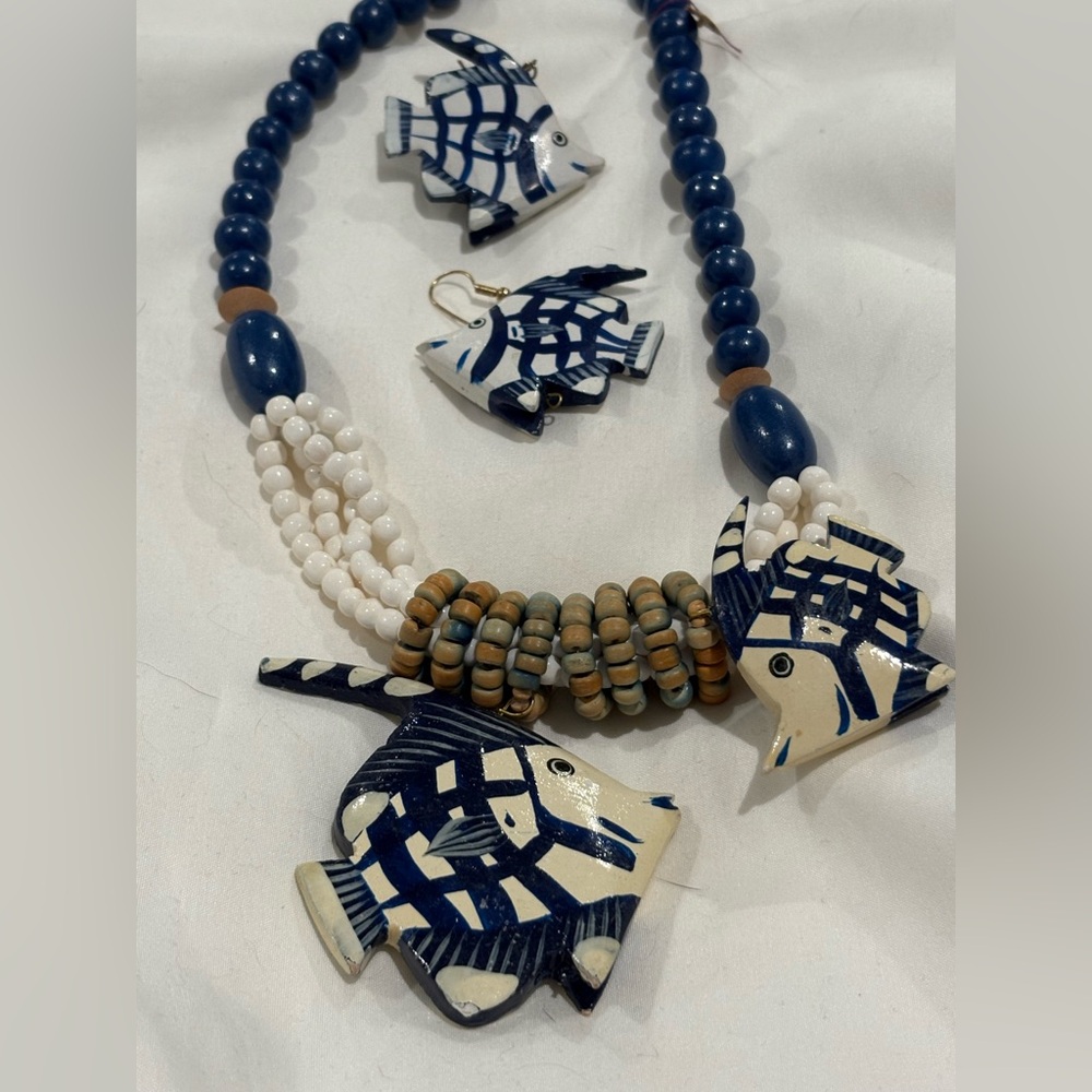Vintage New 2 Pc Necklace/Earring Hand Painted Wood Angel w fish hook earrings